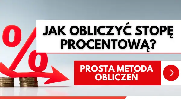 Czerwony symbol procentu i strzałka wskazująca w dół nad monetami.