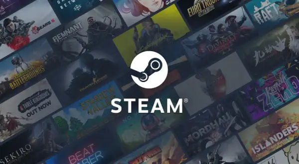 Logo Steam na tle okładek gier komputerowych.
