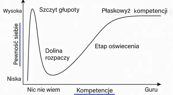 Wykres ilustrujący efekt Dunninga Krugera: od "szczytu głupoty" i "doliny rozpaczy" do "płaskowyżu kompetencji" i "etapu oświecenia".
