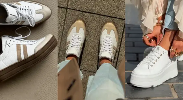 Stylowe sneakersy co to za buty? Białe, skórzane, z beżowymi akcentami i grubą podeszwą. Idealne na co dzień.