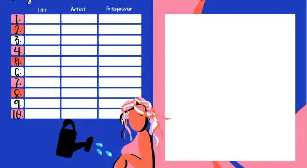 Baby Shower QUIZ-formulär med plats för låt, artist och svar. En illustration av en gravid kvinna och en vattenkanna. Perfekt för lekar på babyshower.