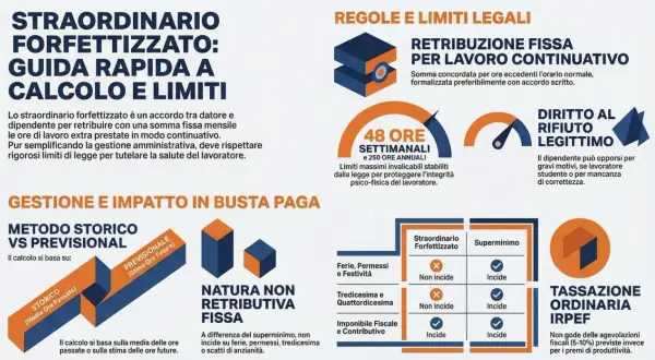 Guida rapida a calcolo e limiti dello straordinario forfettizzato. Limiti legali e impatto in busta paga, con focus sulle ore di permesso.