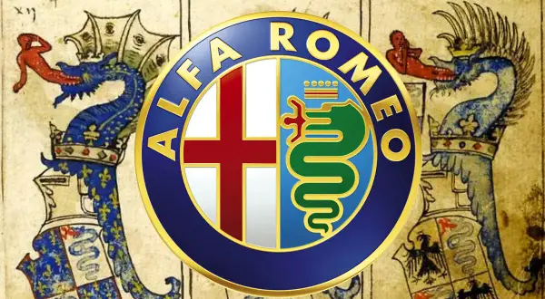 Alfa Romeo logo na tle średniowiecznych herbów z smokami. Symbolizuje połączenie historii i motoryzacji.