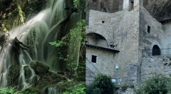 Cascate di pale in una foresta lussureggiante e un antico eremo in pietra incastonato nella roccia.