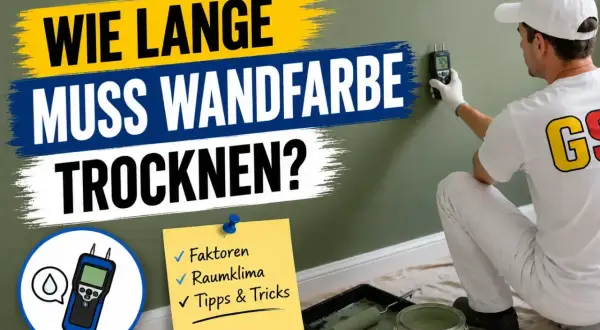 Ein Maler prüft mit einem Messgerät, wie lange Wandfarbe zum Trocknen braucht. Faktoren, Raumklima und Tipps werden thematisiert.