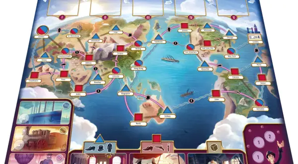 Spielbrett für "In 80 Tagen um die Welt". Spieler reisen mit Schiff und Bahn um den Globus, um das Ziel London zu erreichen.