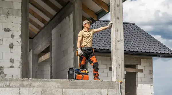 Budowlaniec sprawdza fundament pod domek 35m2. W tle widać dach i ściany z bloczków.