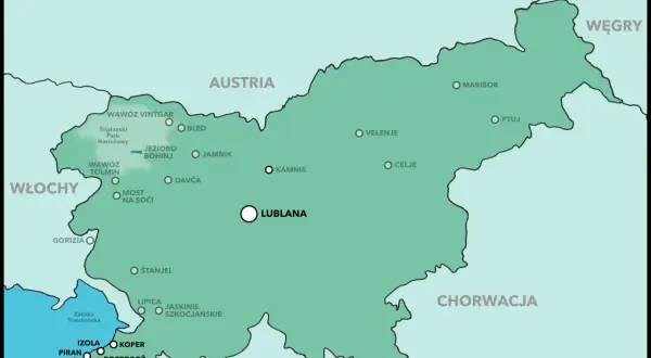 Mapa Słowenii z zaznaczonym wybrzeżem. Widać miasta takie jak Piran, Izola, Koper, Portorož, które tworzą słowenia morze.