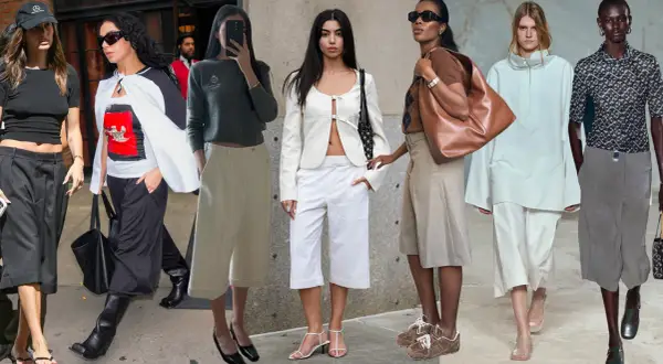 Moda con pantaloni culotte e scarpe eleganti o sportive. Diverse donne mostrano outfit con pantaloni culotte in vari colori e tessuti, abbinati a scarpe che completano lo stile.