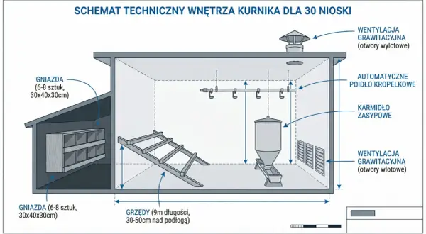 Schemat kurnika dla 30 kur niosek: gniazda, grzędy, karmidło, poidełko i wentylacja. Podstawy jak hodować kury nioski.