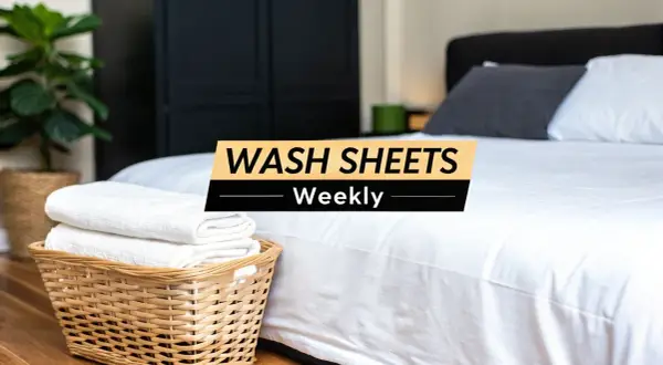 A clean bedroom with a neatly made bed. A basket of folded white towels sits beside the bed. Text overlay reads: "WASH SHEETS Weekly.