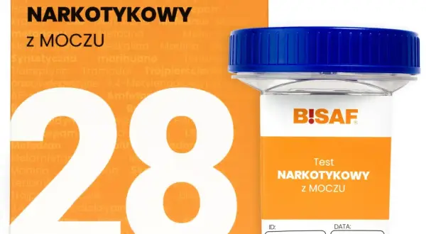 Test narkotykowy z moczu BISAF. Opakowanie i pojemnik na próbkę do badań.