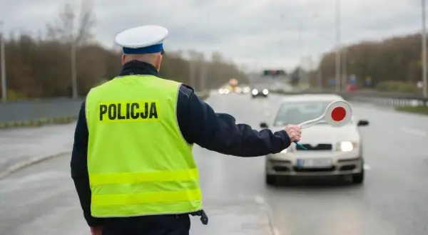 Policjant w kamizelce z napisem "POLICJA" zatrzymuje samochód. Czyżby to kolejny mandat dla tego kierowcy?