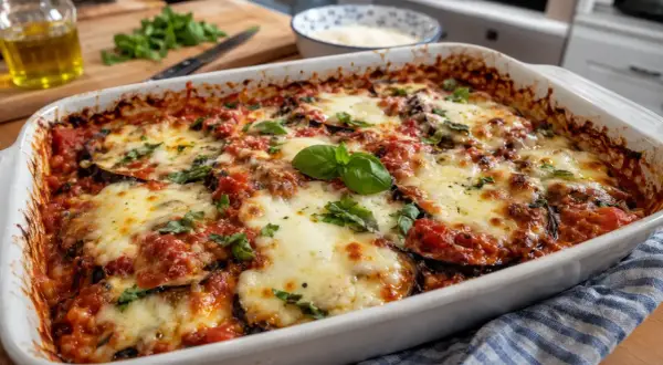 Aubergine, tomate et mozzarella au four, un plat gratiné et savoureux. Parfait pour une recette d'aubergine tomate mozzarella au four.
