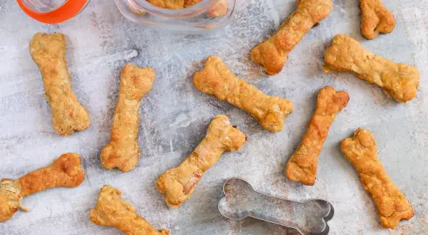 Galletas caseras para perros con forma de hueso, algunas en un frasco de vidrio. ¡Un festín para tu mejor amigo!