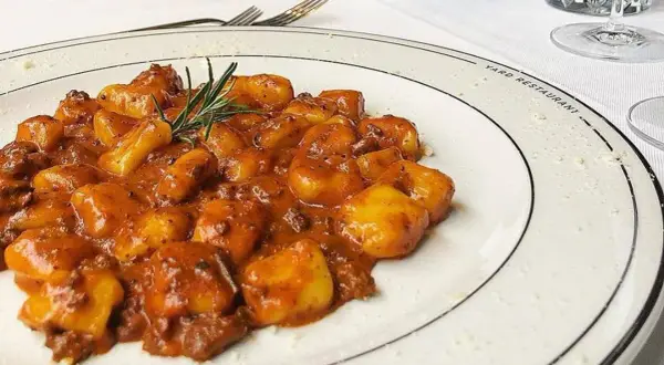 Gnocchi al ragù, un classico tra i piatti tipici maceratesi, serviti su un piatto bianco con rosmarino fresco.