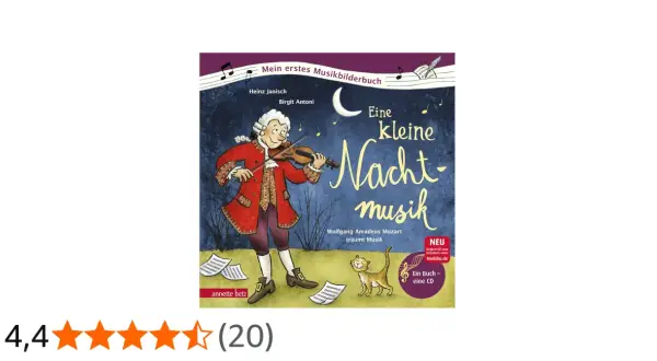 Ilustracja z książki "Eine kleine Nachtmusik" przedstawia Mozarta grającego na skrzypcach.