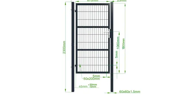 Schemat z wymiarami: rozstaw słupków pod furtkę 1060mm, wysokość 2300mm.