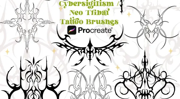 Zbiór 55 pędzli Procreate z motywami neo tribal, idealnych do tworzenia futurystycznych tatuaży.
