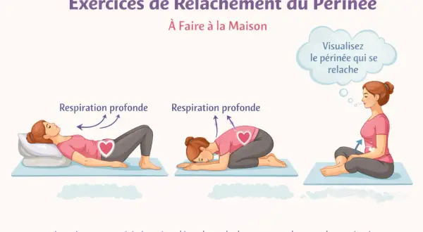 Exercices de relaxation du périnée à la maison. Kine pour rééducation périnéale, avec des postures et respiration profonde pour relâcher les muscles.