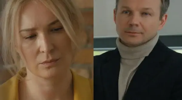 Kobieta zamyślona, obok mężczyzna w golfie i marynarce. Czy to siostra Bruna i jej brat?