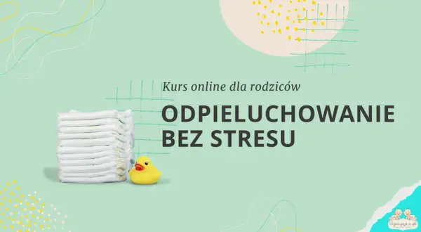 Kurs online "Odpluchowanie bez stresu" pomoże Ci nauczyć dziecko korzystać z nocnika. Stos pieluch i gumowa kaczuszka symbolizują ten etap.