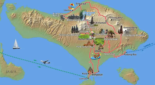 Mapa Bali z zaznaczoną trasą 16-dniowej wycieczki "Wyspa bogów i kwiatów". Zobacz miejsca takie jak Ubud, Kuta, Lovina i wulkany. Idealna dla Twojego bali bloga.