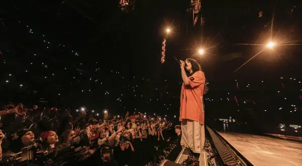 Billie Eilish śpiewa na koncercie przed rozentuzjazmowanym tłumem z telefonami w górze.