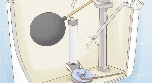 Diagram of a toilet tank's internal mechanism, showing the float ball, fill valve, and flush valve. The lever arm for the toilet handle appears loose.