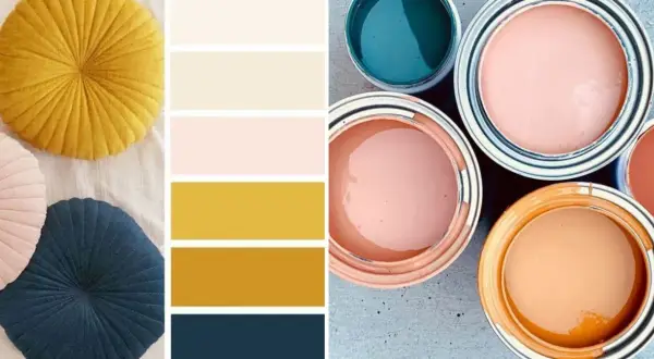 Palette de couleurs inspirée par des coussins et des pots de peinture. Idéal pour trouver couleur peinture à partir d'une photo.