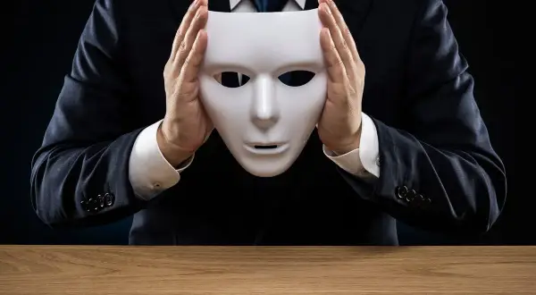 Man in pak houdt wit masker voor gezicht, symboliseert psychopaat kenmerken zoals bedrog en gebrek aan empathie.