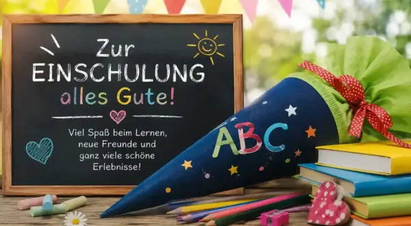 Schultüte mit ABC, Tafel mit "Zur Einschulung alles Gute!" und bunte Stifte. Perfekt für die Frage: was schreibt man zur einschulung.
