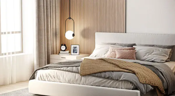 Pittura idee parete dietro letto matrimoniale: pannelli in legno chiaro creano un'atmosfera calda e accogliente, perfetti per ispirare il tuo riposo.