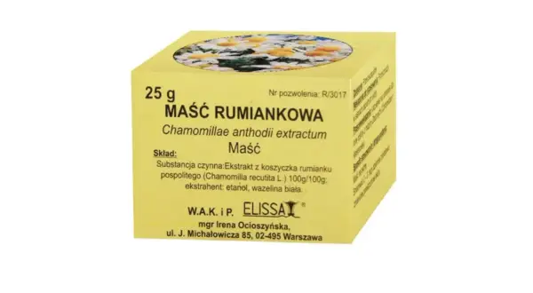 Maść rumiankowa Elissa 25g, z ekstraktem z rumianku. Idealna do pielęgnacji skóry, jak altabactin.