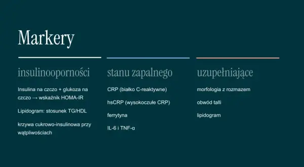Badania insulinooporności: insulina, glukoza, HOMA-IR, lipidogram, krzywa cukrowo-insulinowa. Markery stanu zapalnego i uzupełniające.