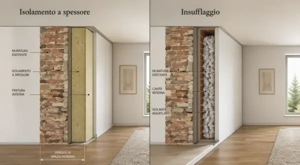 Confronto isolamento a spessore e insufflaggio pareti. L'insufflaggio è più efficiente e riduce la perdita di spazio interno, influenzando il costo.