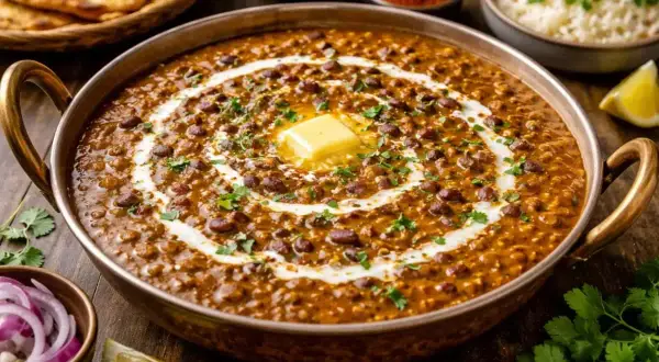 Dal Makhani, en krämig linsgryta med en rik masala krydda, toppad med smör och grädde. Serveras med naan och ris.