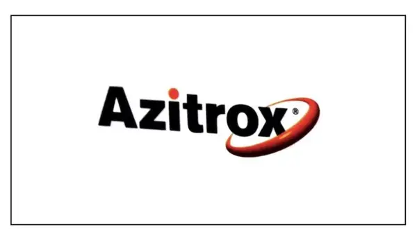 Logo Azitrox 500 z czerwoną kropką i owalem.