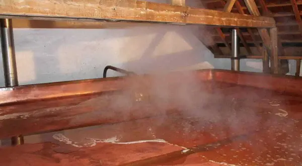 Vapore sale da una grande vasca di rame in una lambiek fabriek. La luce illumina il processo di produzione della birra.