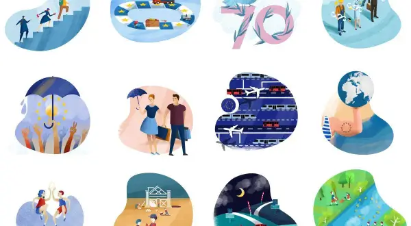 Ilustracje symbolizujące różne aspekty współpracy i rozwoju, od wspólnych celów po codzienne życie, pokazują siłę, która płynie z unii personalnej.