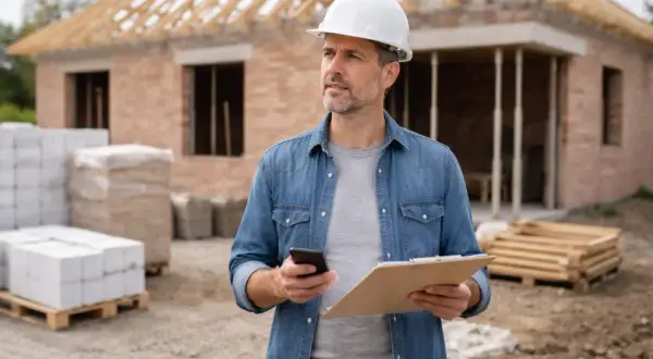 Inżynier w kasku nadzoruje system gospodarczy budowa domu. Trzyma telefon i teczkę.