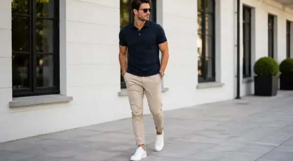 Elegancki mężczyzna w granatowym polo i beżowych chinosach, zastanawia się, jakie buty do chinosów wybrać. Białe sneakersy to strzał w dziesiątkę!