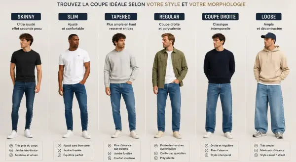 Les différentes coupes de jeans homme : skinny, slim, tapered, regular, coupe droite et loose. Trouvez le style parfait pour vous.
