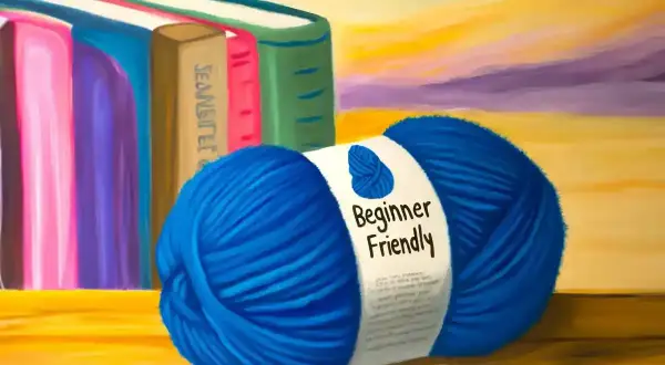 Niebieska, **lana materiał po polsku** "Beginner Friendly" obok kolorowych książek.