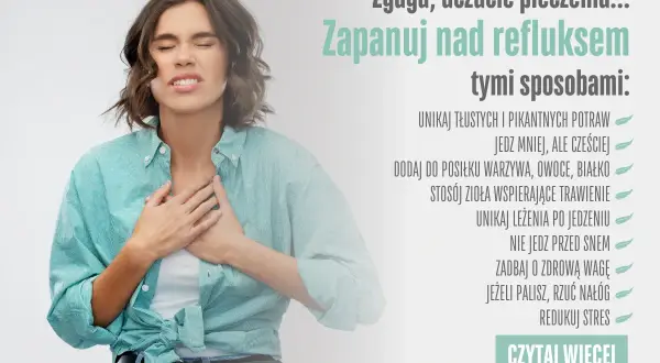 Kobieta z bólem w klatce piersiowej, wskazówki dotyczące diety przy refluksie: unikaj tłustych potraw, jedz mniej, ale częściej.