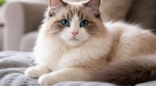 Uroczy kot rasy Ragdoll z niebieskimi oczami leży na szarym kocu.