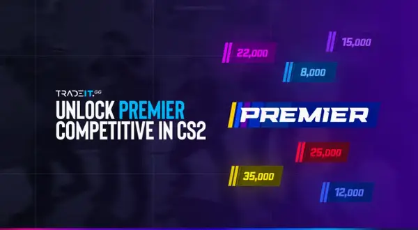 Czy CS GO jest za darmo? Grafika pokazuje, że odblokowanie Premier Competitive w CS2 wymaga punktów, np. 22,000 lub 35,000.
