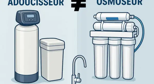 Comparaison entre un adoucisseur et un osmoseur, illustrant les différences dans le traitement de l'eau par osmose.