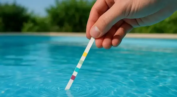 En hand doppar en teststicka i poolen för att kontrollera vattnet. Vattnet ser klart ut, inte grumligt poolvatten.