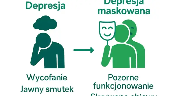 Depresja jawna (smutek, wycofanie) przechodzi w depresję maskowaną (pozorne funkcjonowanie, ukryte objawy).
